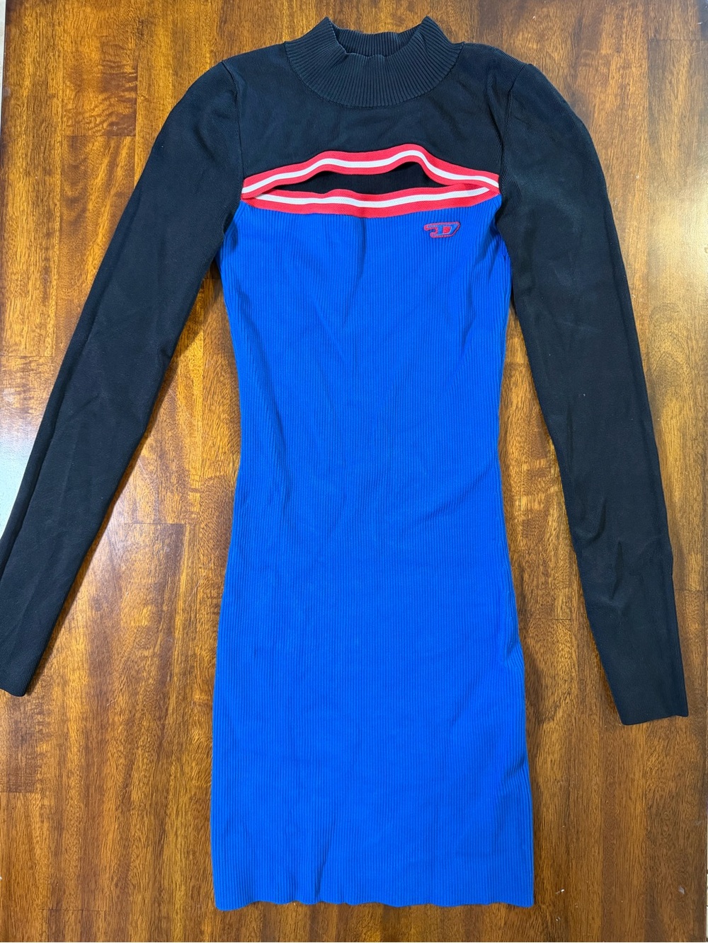 Diesel Blue and Black Long Sleeve Bodycon Dress with Red Accents